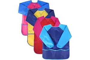 YIPUETERNITY Grembiulino Pittura Bambini, 4pcs Grembiule da Pittura Asilo, Impermeabile Pittura Grembiule, Maniche Lunghe Grembiule da Pittura Bambini con 3 Tasche Per Età 3-8 Anni. Pittura,Scuola,Cucina