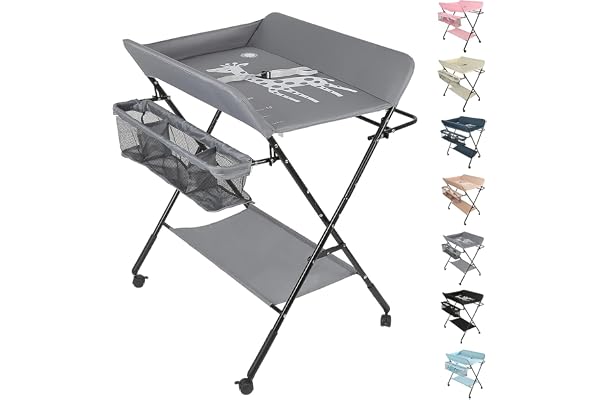 Table a Langer Pliante, Table à Langer Réglable en Hauteur avec Panier de Rangement, Ceinture de Sécurité et 4 Roues avec Frein (gris)