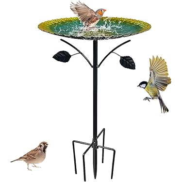 Vogelbad van keramiek, vogelbad, tuindecoratie, waterschaal, drinkbak met 2 vogels, voederschaal, ornament voor terras, paden, binnenplaats, herdenkingstuinen, vijvers, meren