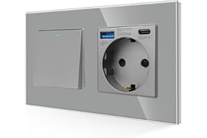 JIMEIDA Interruptor de luz con enchufe USB gris, puerto USB A y tipo C máx. 3,1 A, 1 vía con placa de cristal, interruptor basculante de pared, 10 A, 250 V