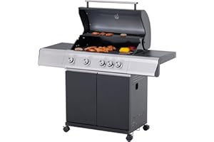 Tarrington House Barbecue a Gas Paxton, Acciaio/Acciaio Inox, 4 Bruciatori + 1 Fornello, Tavolino Laterale, Termometro, 4 Ruote, Nero Opaco