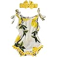 Hopscotch Baby Girls Cotton Lemon Print Sleeveless Onesie with Headband in Yellow Color