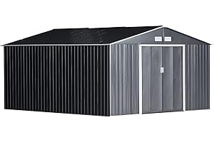 Outsunny Metall Gerätehaus 26,2m³ 340x386x200cm Geräteschuppen mit Satteldach Fundament Schiebetür wetterfest Gartenhaus Outdoor Garten Schuppen Schrank für Außenbereich, Kohlegrau