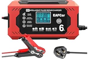 EAFCSZ Car Battery Charger, 12V 6Amp Automatic Smart Charger Monitor Battery with LCD Screen Temperature Compensation, Intelligent Charges, Repairs, Maintains Car Motorcycle Boat Mower Battery (6A)