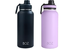 BOZ Stainless Steel Water Bottles 2 Pack Bundle - Black Water Bottle + Lavender Water Bottle - Insulated Water Bottles 1l - Wide Mouth BPA Free Metal Water Bottles for Gym with Spout Lid