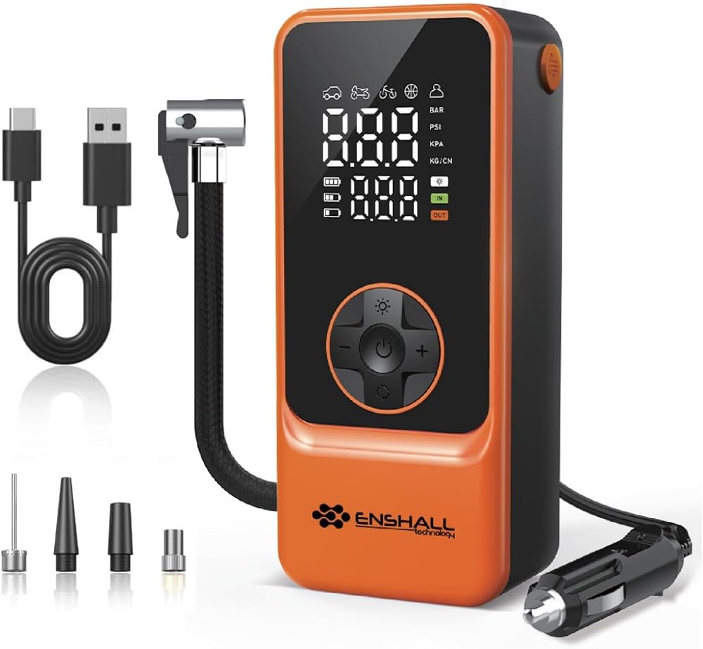 Enshall 6000mAh Şarjlı Mini Led Işıklı Araç Çakmaklık Kablolu Bisiklet, Top, Araç Lastik Şişirme Kompresörü