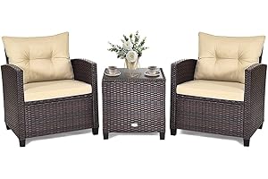 KOMFOTTEU Zestaw mebli balkonowych z rattanu ze stolikiem kawowym i 2 krzesłami, stół balkonowy ze szklanym blatem, zestaw 3 mebli ogrodowych, na taras, balkon (brązowo-żółto-ziemia)