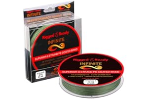 RIGGED & READY TRAVEL FISHING Rigged and Ready Infinite Hi-performance Fishing Braid 10 to 66lb 4.5 to 30kg PE Coated Line 200m. Braided 8 Strand Low Diameter No Stretch Long Cast Abrasion Resistant Fast Sink. Sea Fishing.