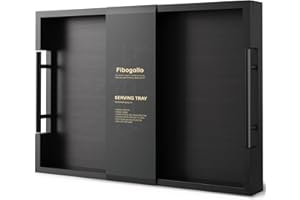 Fibogollo Bamboo Serving Tray with Metal Handles,43x30cm Ottoman Decorative Trays Platter for Coffee Table,Living Room,Bar,Party,Large(Black)