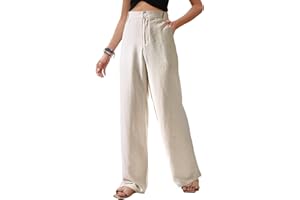 PASUDA Pantalones Lino Mujer Verano Pantalones Comodos Anchos Pantalones Baggy Rectos de Cintura Alta Mujer Pantalon Casual con Bolsillos