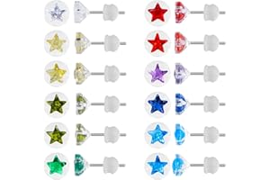 JMFENFA 12 pares de aretes de plástico para orejas sensibles, aretes de tuerca de plástico con corazón de estrella, piedra natal de circonita cúbica para mujer, 3 mm, 4 mm, 5 mm