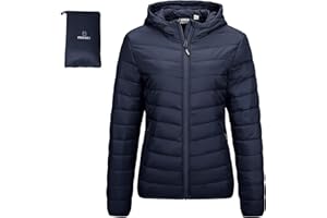 Outdoor Ventures Damska kurtka pikowana, lekka, pakowana, przejściowa, ciepła kurtka zimowa z kapturem, dla kobiet, z podszewką, kurtka buforowa z kieszeniami, na czas wolny, wędrówki, podróże