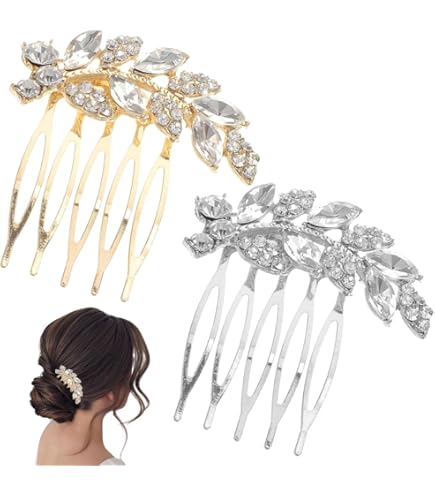 Peignes à Cheveux Strass Perles Argentés Pour Mariée - Lot De 2, Motifs Feuilles, Accessoire Coiffure De Fête