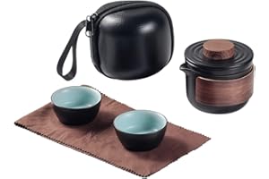 DLTSLI Mini tetera de cerámica de viaje, tetera china de Kung Fu, 1 olla, 2 tazas, tazas de té de porcelana con infusor de té, bolsa portátil para picnic al aire libre (negro)