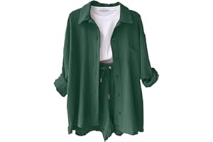 CheChury Conjunto Casual de 2 Piezas para Mujer Elegante con Manga Larga Camisa Pantalones Corto con Cordón Bohemios Ropa de Vacaciones Traje de Playa para el Hogar Uso Diario Activi con Bolsillos