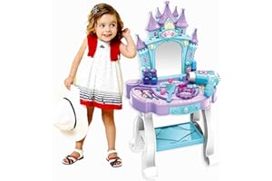 COO11 64CM Makeup Vanity Set for Girls with Light and Music Dressing Table with Mirror, Princess Castle-Style, Pretend Beauty Accessories, Frozen-Inspired Makeup Toy Gift for Girls Ages 3+