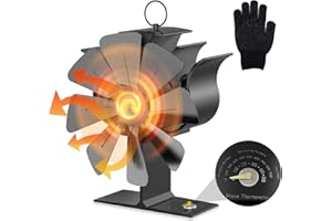 Jasfyee Log Burner Fan, 8-Blades Stove Fan Wood Burner Fans with Built-In Thermometer Heat Resistant Gloves Silent Wood Stove Fan Efficient Heat Distribution for Wood/Log Burner/Fireplace