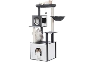 PAWZ Road Nowoczesne drzewko dla kota, drewniana wieża dla kotów z szafką do przechowywania, kabiną i przestronnym domkiem dla kotów, duża górna część i hamak, drapaki pokryte sizalem dla kotów, czarne