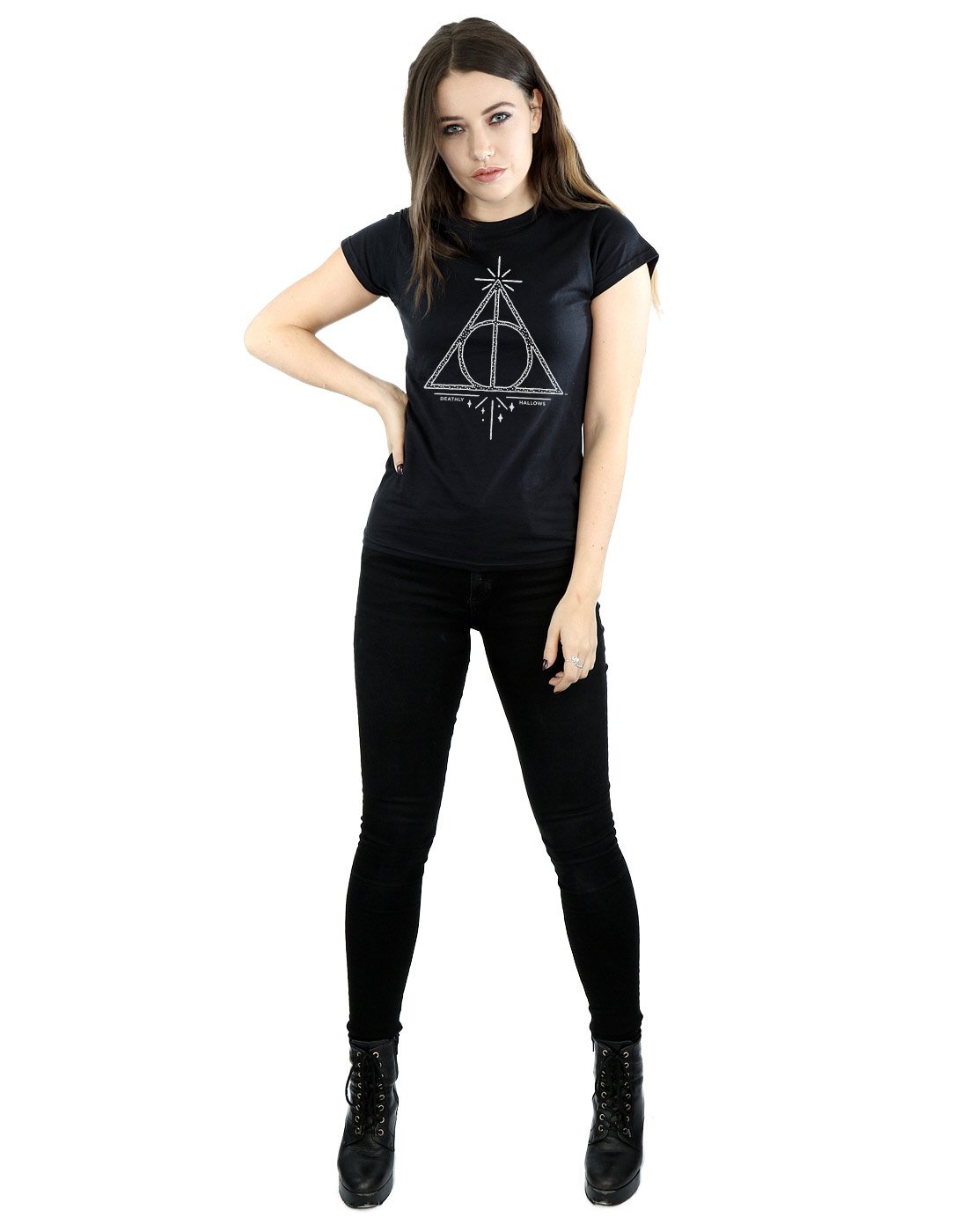 HARRY-POTTER-Damen-Deathly-Hallows-Symbol-T-Shirt-Large-Schwarz
