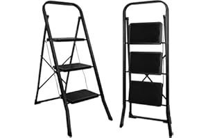 kisidus Échelles Pliable 3 Marches Antidérapants Escabeau Marche Pied Pliante 3-Level Max 150kg Acier Robust Intérieur Extérieur - Noir