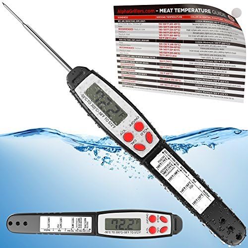 Waterproof Instant Read Thermometer For Meat &amp; Cooking. Sold In Elegant Gift Box. Best Ultra Fast Digital BBQ Food Probe. Includes Internal Barbecue Meat Temperature Guide. By Alpha Grillers