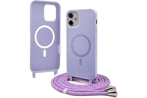Bigcousin Handykette für iPhone 12 Mini Hülle mit Band,Magnetisch kompatibel mit Magsafe,Silikon Necklace Handyhülle mit verstellbar und abnehmbar,Lila