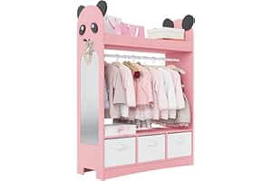 Hironpal Kid Dress Up Storage with Mirror Kids Wardrobe Dressing Up Rail Open Hanging Costume Armoire Closet Pretend Storage Organizer Children Clothes Center for Girl Bedroom (panda,3 drawer,pink)