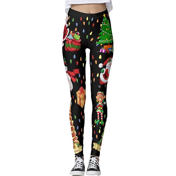 Christmas Leggings For Women – High Waisted Santa Print Tights, Tummy Control Workout Pants For Holiday