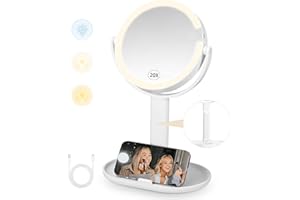 SINLAW Specchio Trucco con Luci, Illuminazione dimmerabile con touchscreen a 3 colori,Specchio da Tavolo Doppio Lato 20x/1x,Specchio trucco con portacellulare,Specchio Ingranditore Con Luce,Rotazione di 360°