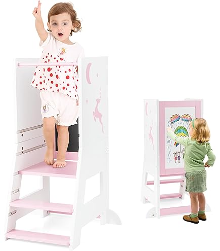 Torre Di Apprendimento Per Bambini 2 In 1 COSTWAY - Con Lavagna E Gradino Regolabile, Rosa