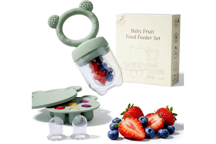 Silicone Baby Fruit Feeder Pacifier & Popsicle Molds – Multi-Purpose Food Storage Containers for Soothing Teething Relief & Encouraging Infant Self-Feeding(Green)