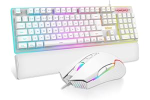 RedThunder K10 Wired Gaming Keyboard and Mouse Combo, UK Layout, True RGB Backlight, Soft Leather Wrist Rest, Mechanical Feel Ergonomic Anti-Ghosting Keyboard + 7D 7200 DPI Mouse for PC Mac（White)