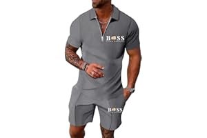Tinarying Men's Tracksuit Polo Shirt & Shorts 2 Pieces Letter Print Flexx Apparel Men's 2-Piece Activewear Short Sleeve Polo Shirt and Shorts Set Casual Sportswear Zip-Up Top with Pocketed Pants