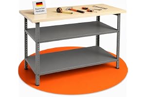 Ondis24 Arbetsbänk 120 cm Nobbi Pro packbord av metall, med arbetsplatta, höjdjusterbara hyllor, justerbara fötter, arbetsbor