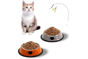 MYTHOSURGE 2 Pezzi Ciotola per Gatti + Giochi per Gatti, Ciotola per Cibo per Gatti in Acciaio Inossidabile, Tappetino Silicone Antiscivolo, Ciotole Gatto (Arancione+Grigio, 2 confezioni)