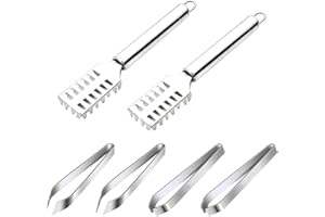 Qixuer 6 Stücke Fisch Grätenpinzette Set,Beinhaltet 2 Pcs Fisch Skala Scraper Fischschuppen Bürste 4 Pcs Edelstahl Zangen Pinzette Fisch Pinzette für Fisch Knochen Fisch Scaler Schuppen Entferner