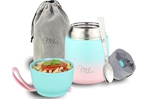 Milu Termo para Comida 450 ml Taza Aislada, Botella de Acero Inoxidable Aislada Alimentos, Beber y sopa de los niños de adultos Térmico (450ml/Menta Rosa)