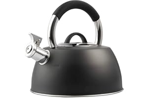 VonShef Stove Top Kettle, Stainless Steel Whistling Teakettle, Matte Black 2.5L Induction Kettle, Hob Teakettle with Stay Cool Handle & Grip, Suitable for All Hob Types