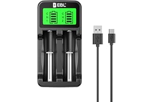 EBL Chargeur de Piles Universel 18650, pour Piles Rechargeables 3.7V Lithium-ION 26650 22650 18650 18490 18350 17670 17500 16340 (RCR123) 14500, et 1.2V Ni-MH Ni-CD AA AAA etc.