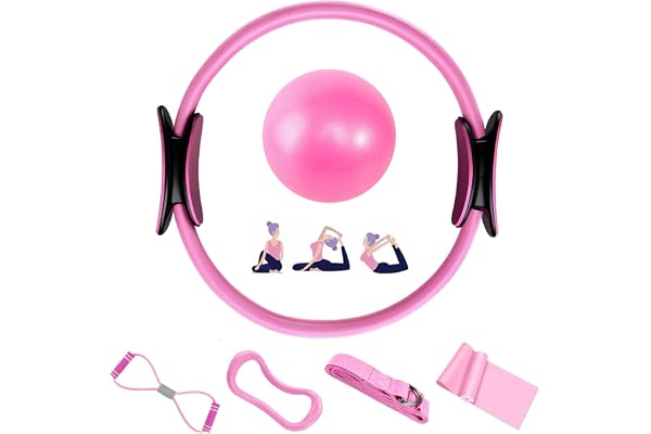 Aischens Pilates Ring Set - 6 Pièces, Anneau de Pilates, Ballon de Yoga, Bandes de Résistance, Kit Pilates pour Maison, Kits de Yoga et Pilates Accessoires, Cercle Magique de Fitness Femmes (Rose)