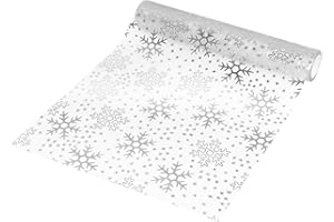 DERAYEE 16.4 Yards Christmas Table Runner, Sliver Snowflakes Organza Tulle Roll Glitter Foil Table Cloth for Chrismas Table Decorations DIY Crafts Xmas Party Decor Gift Wrapping