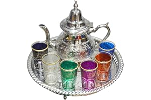 HORUS ARTESANÍA DE EGIPTO Set da tè marocchino, teiera in argento tedesco o alpaca da 800 ml con gambe, vassoio con gambe 32 cm e 6 bicchieri colorati