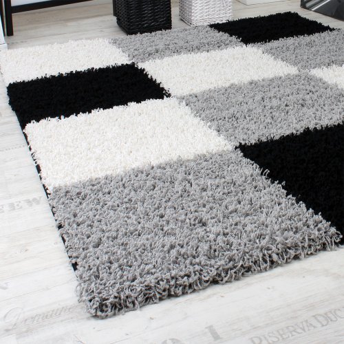 Shaggy Teppich Hochflor Langflor Gemustert in Karo Grau Schwarz Weiss, Grösse:160×220 cm - 5