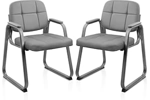 CLATINA Guest Waiting Reception Chair with Bonded Leather Thick Cushion and Padded Arm Rest, Sled Base Stationary Desk Chairs for Office Conference Meeting Lobby Hall Side Break Room, Grey, 2 Pack