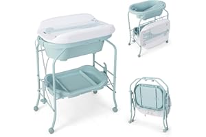 COSTWAY Bañera Bebe con Cambiador 4 en 1, Bañera Cambiador Bebe con Bandeja y 4 Ruedas Bloqueables, Cambiador Bebe Portátil y Plegable con Cesta de Almacenaje, Cojín Impermeable, Carga 35kg (Azul)