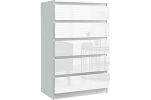 Blisswood High Gloss Chest of Drawer, 5 Drawer Bedroom Chest of Drawer Bedside Table Cabinet for Bedroom Living room Furniture, White, 70W x 40D x 115H cm
