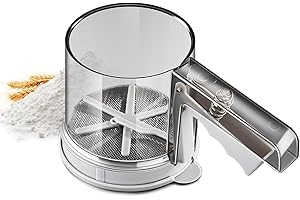 MIZONTAMI Tamizador de harina para repostería, 3 tazas, tamiz manual, acero inoxidable grado alimenticio, doble malla filtrante, tamizado rápido, ideal para harina, azúcar glas y almendras en polvo