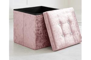 Home Republic Crushed Velvet Ottoman Storage Box – Foldable Cube Ottoman with Lid – Multipurpose Toy Chest, Foot Rest, Bench Seat & Nursery Storage Solution (Pink Blush, 38W)