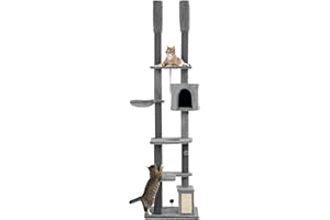 PawHut 225-255cm Floor to Ceiling Cat Tree for Indoor Cats w/House, Ramp