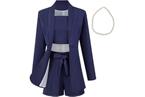 aromm Women's 3 Piece Office Work Suits Long Sleeve Blazer + Tied Shorts + Camisole Summer Casual Formal Outfits & Pearl Necklace